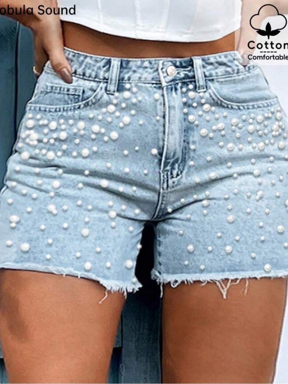 Pearl Embellished Denim Jean Shorts in Blue Like New
